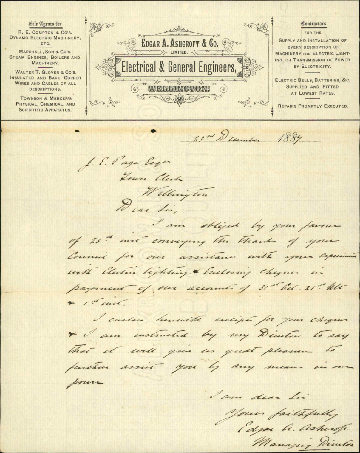 Electric lighting - E A Ashcroft and Co