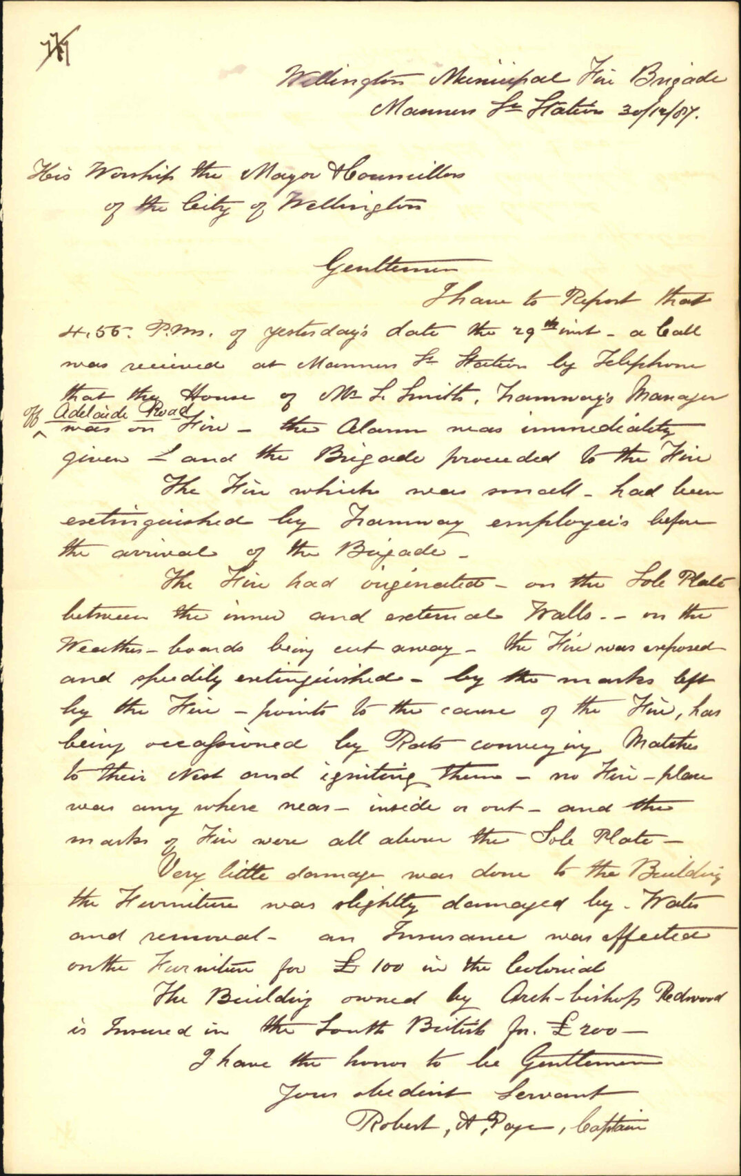 Report regarding fire at Mr L Smith's house, off Adelaide Road - Robert A Page (Captain, Fire Brigade)