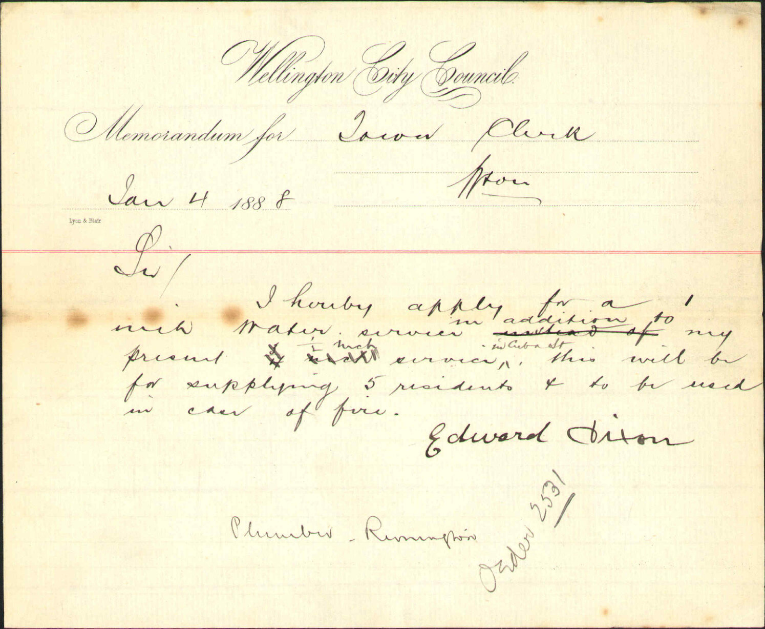 Application for water service in Cuba Street - Edward Dixon