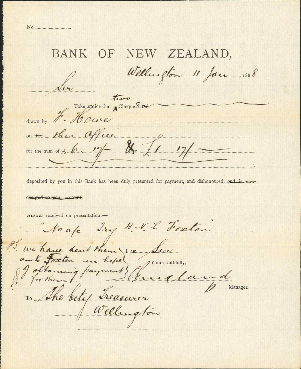 Mrs Howe's cheques dishonoured - Bank of New Zealand