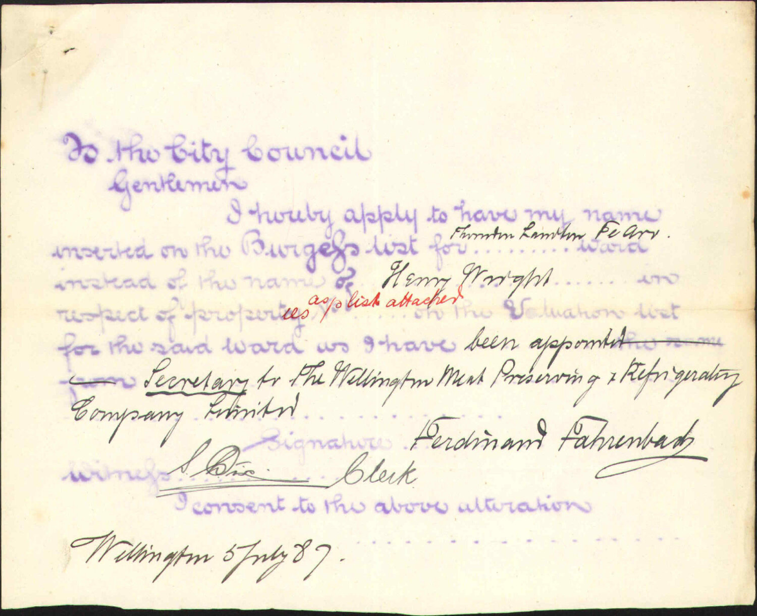 Application to be placed on burgess roll - F Fahrenbach