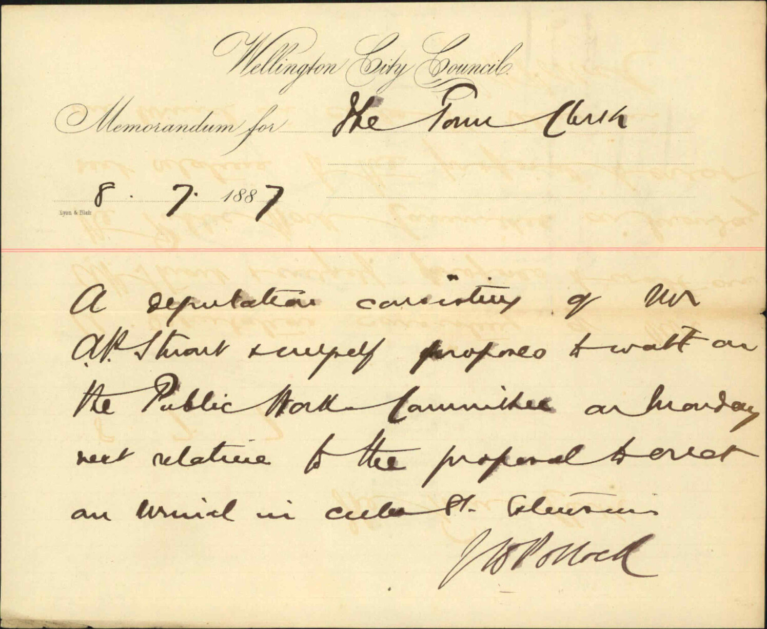 Notice of deputation regarding Cuba Street urinal - J H Pollock