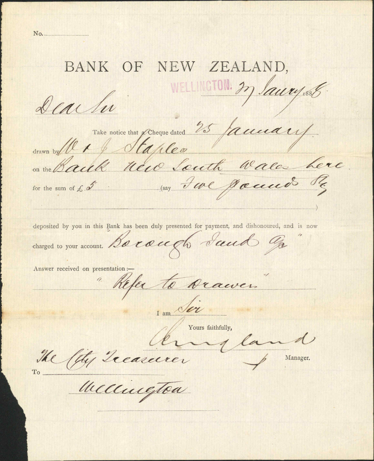 W R J Staples cheque dishonoured - Bank New Zealand