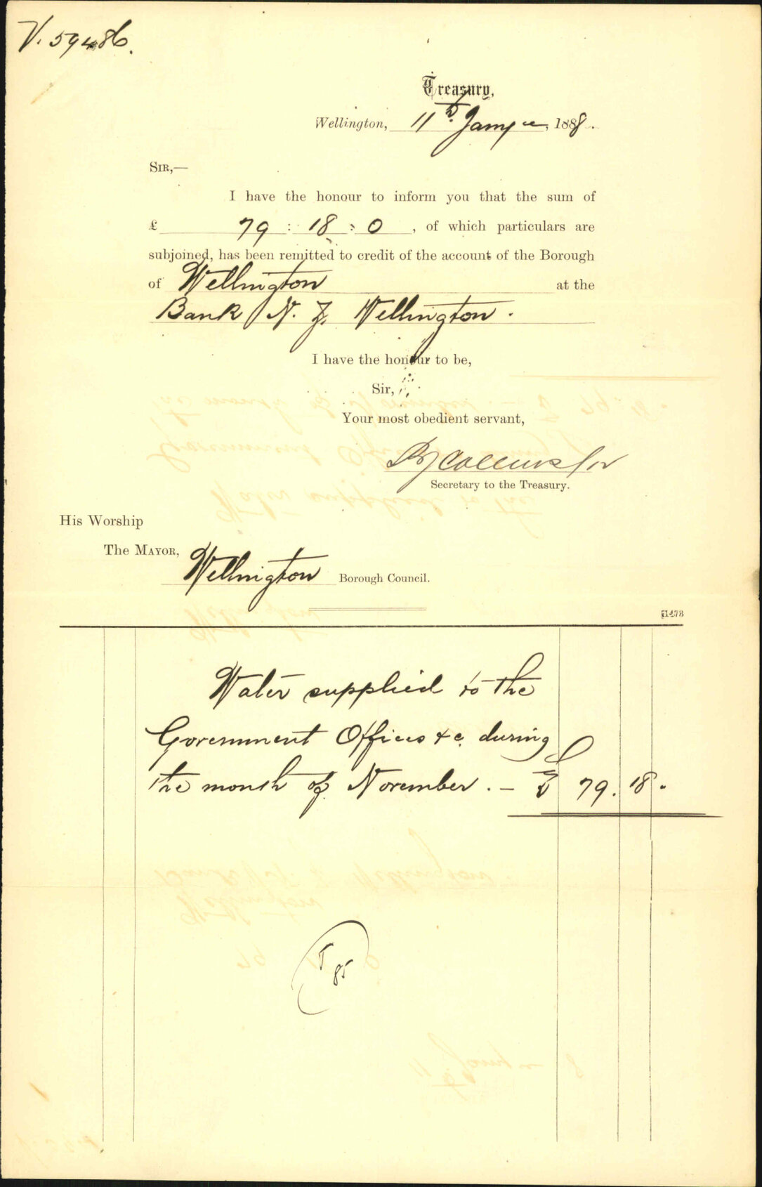 Advising payment of water account - Treasury