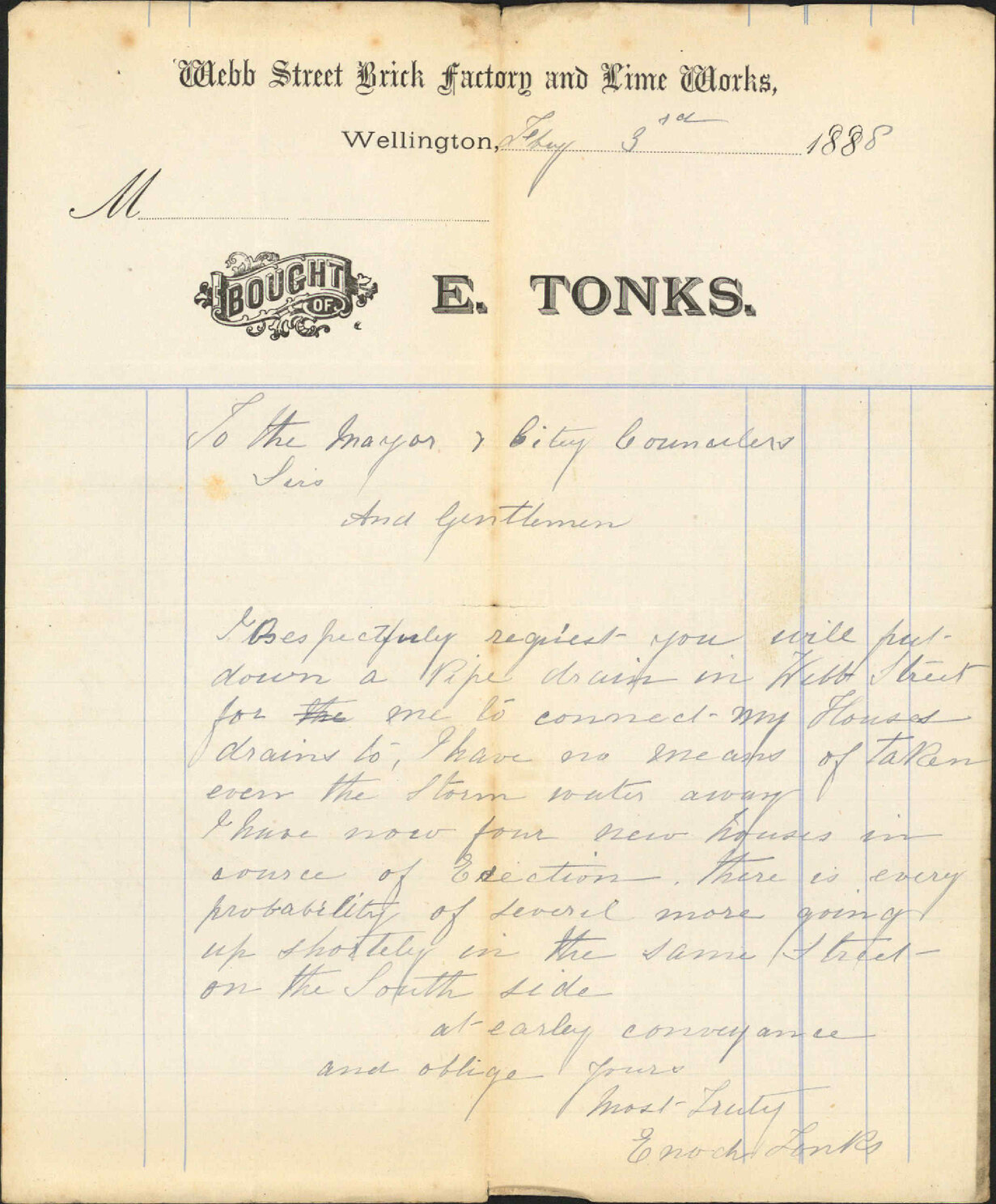 Asking for drain in Webb Street - E Tonks