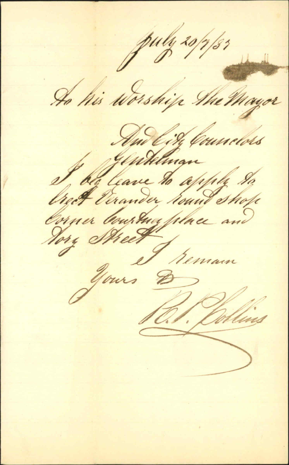 Application for leave to erect verandah - R P Collins