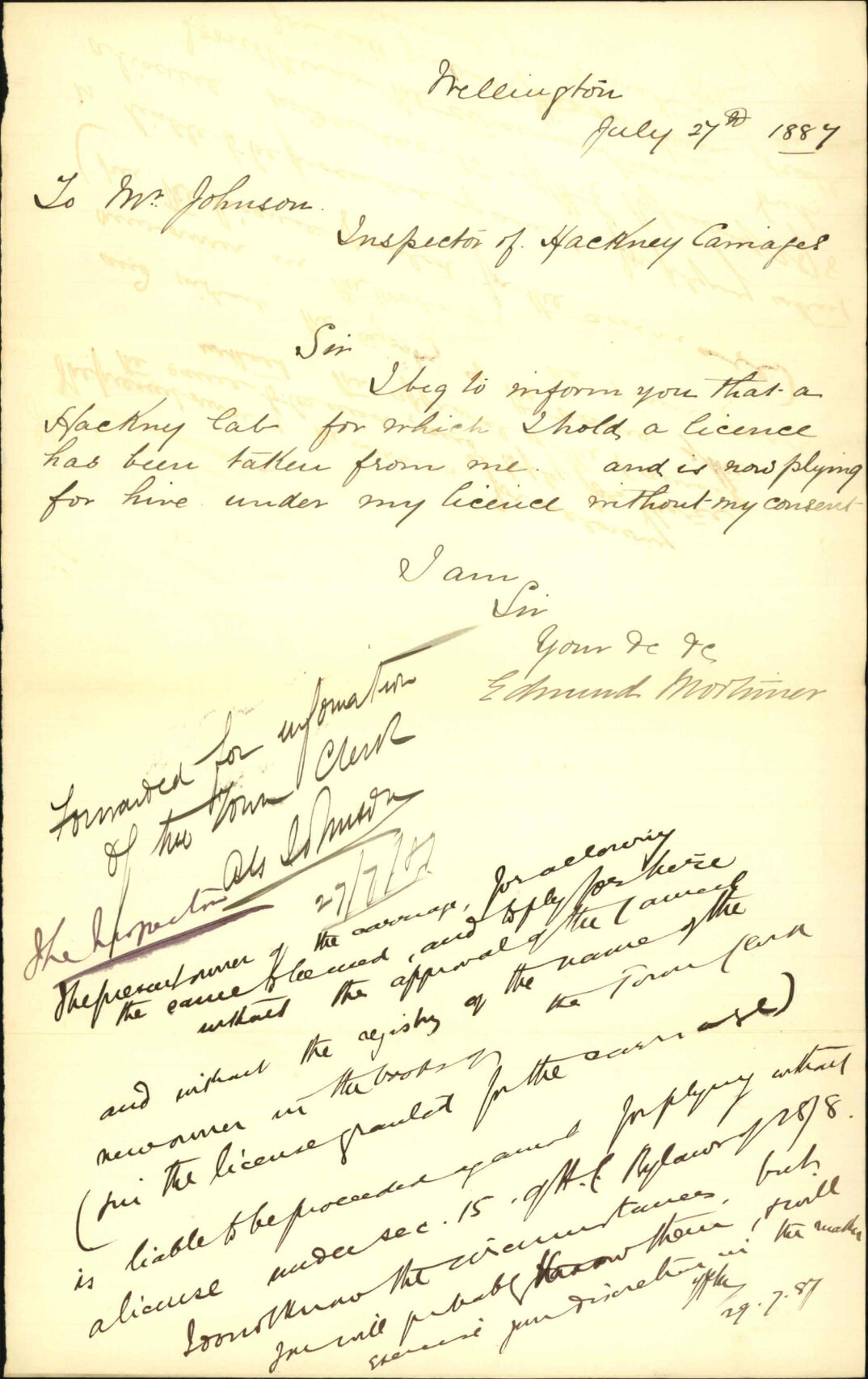 E Mortimer and his hackney carriage license - Inspector of Nuisances