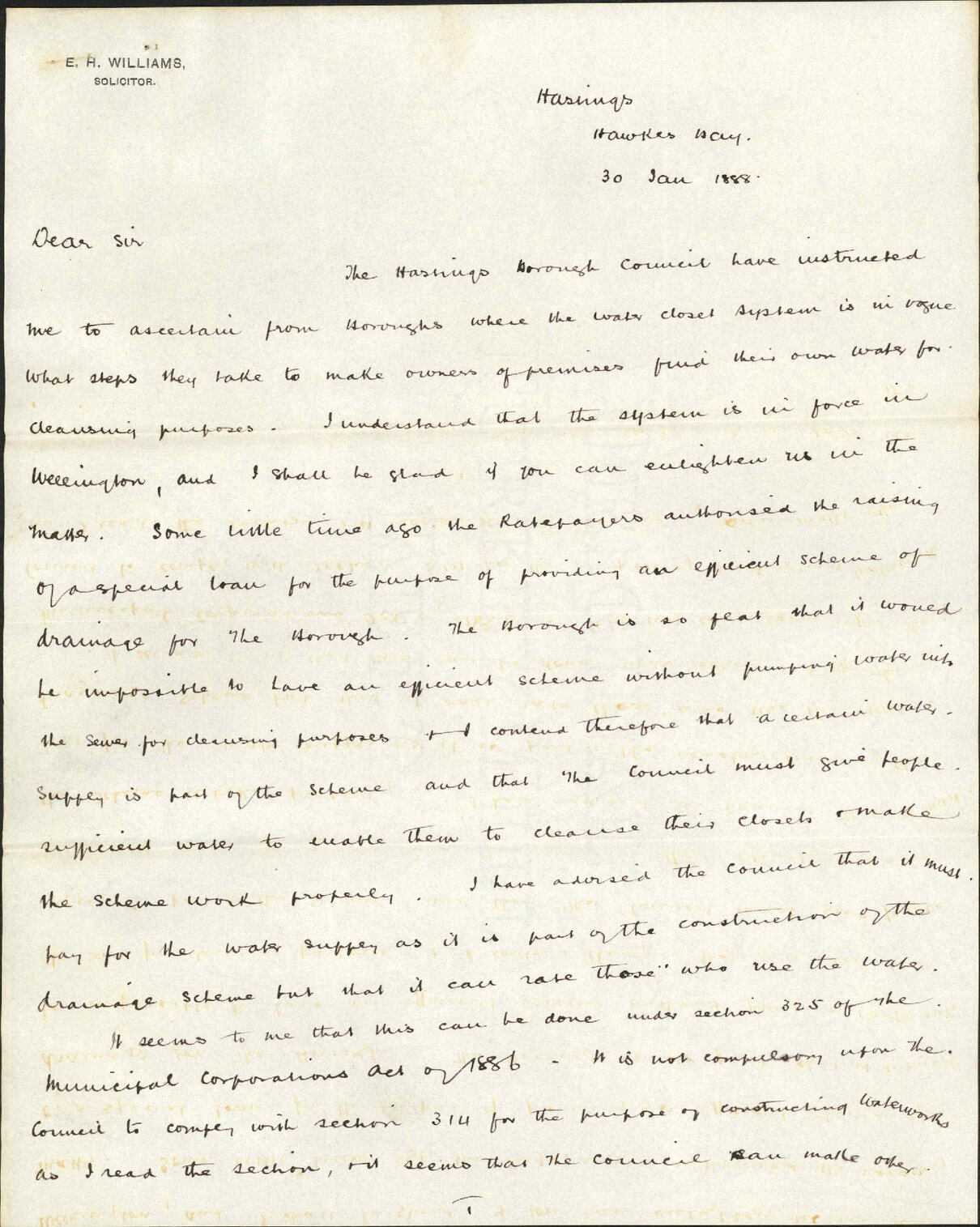 Enquiry regarding water closets - E H Williams, Hasting