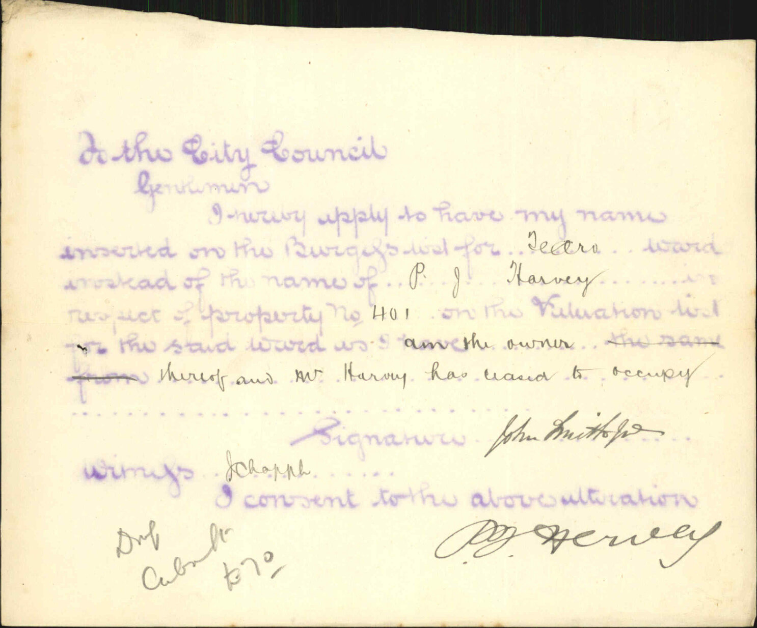 Application to be placed on burgess roll - John Smith Jr