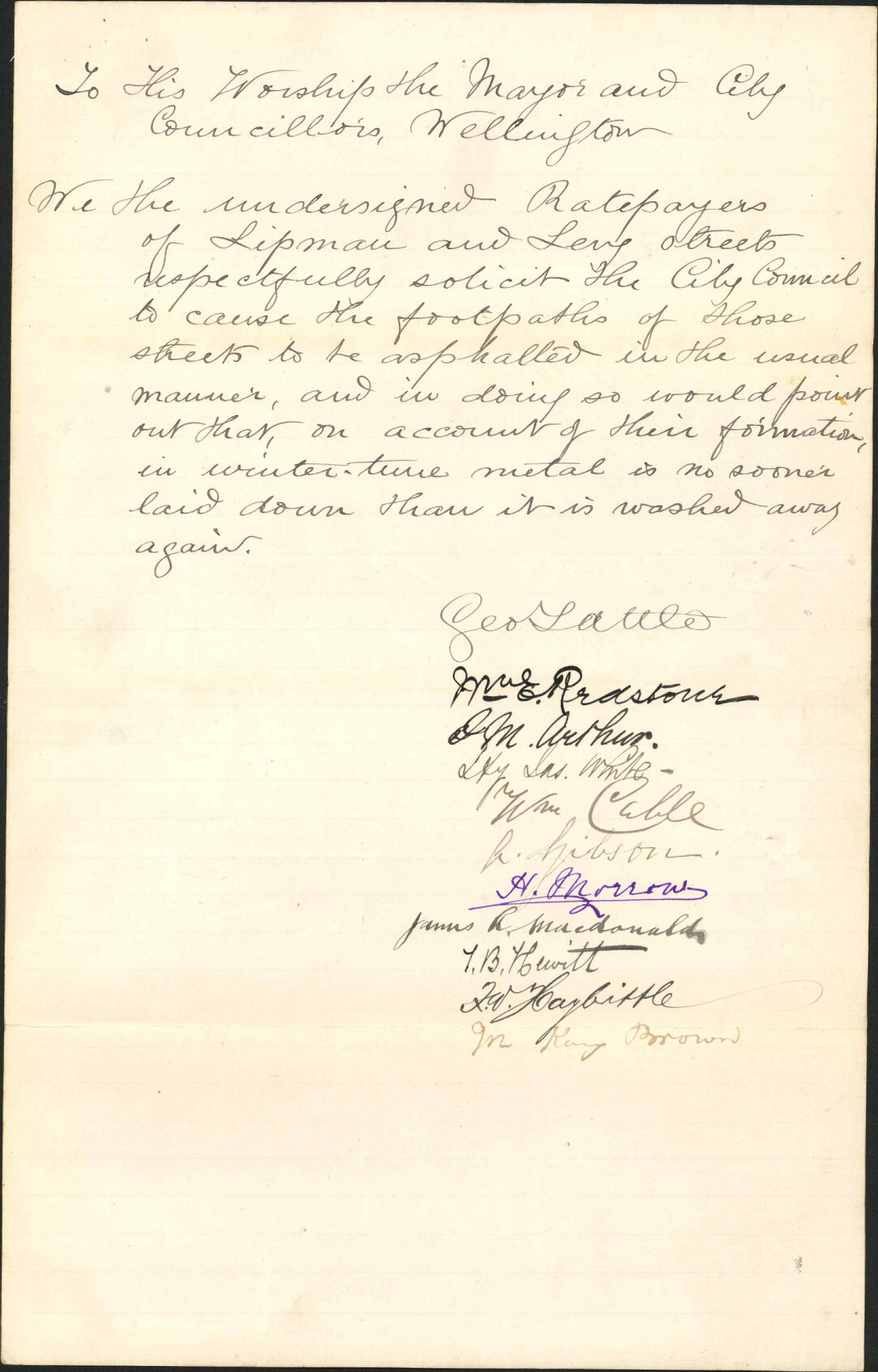 Asking for footpath in Lipman and Levy Street be asphalted - George Tattle and others