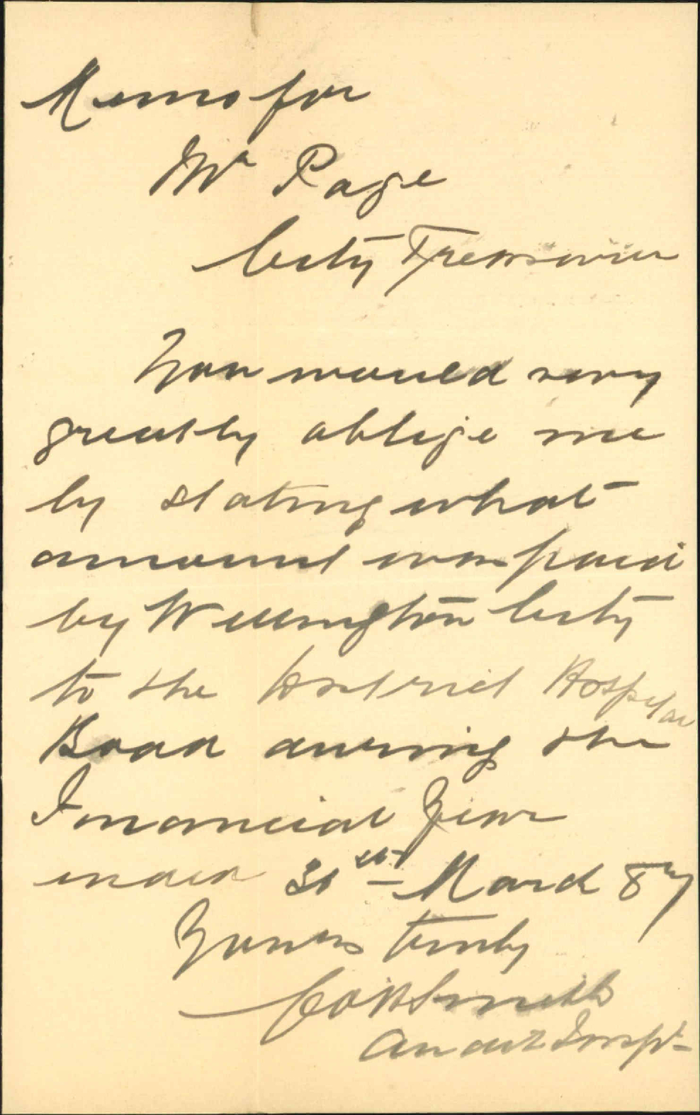 Asking information as to charitable aid - C O H Smith
