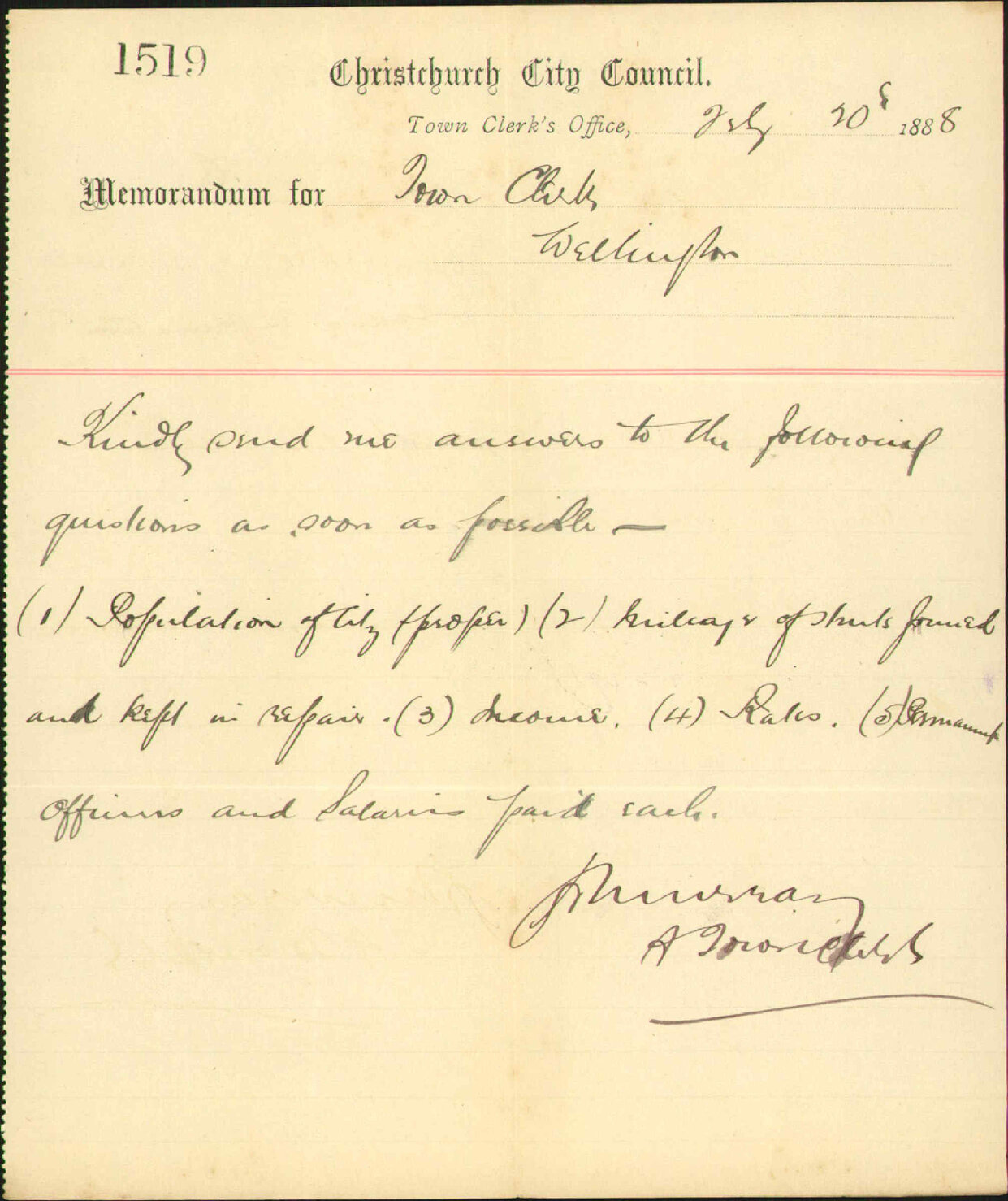 Asking information as to revenue etc - Town Clerk, Christchurch