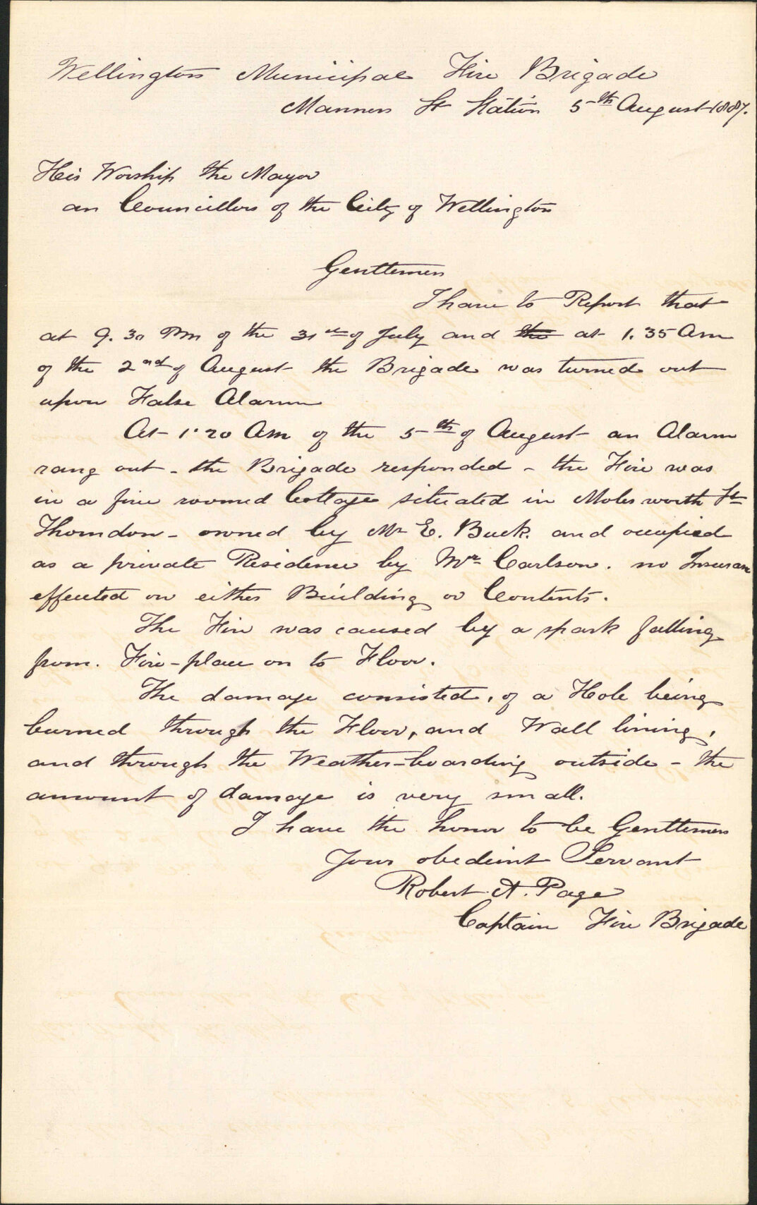 Report regarding false fire alarms - Robert A Page (Captain, Fire Brigade)