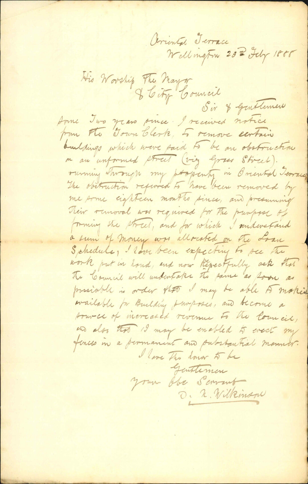 Asking for formation of Grass Street - D W Wilkinson