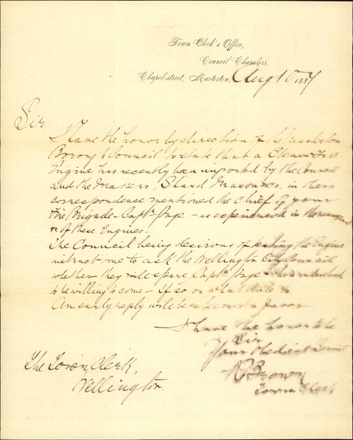 Asking services of the Captain, Fire Brigade for testing steam fire engine - Town Clerk Masterton