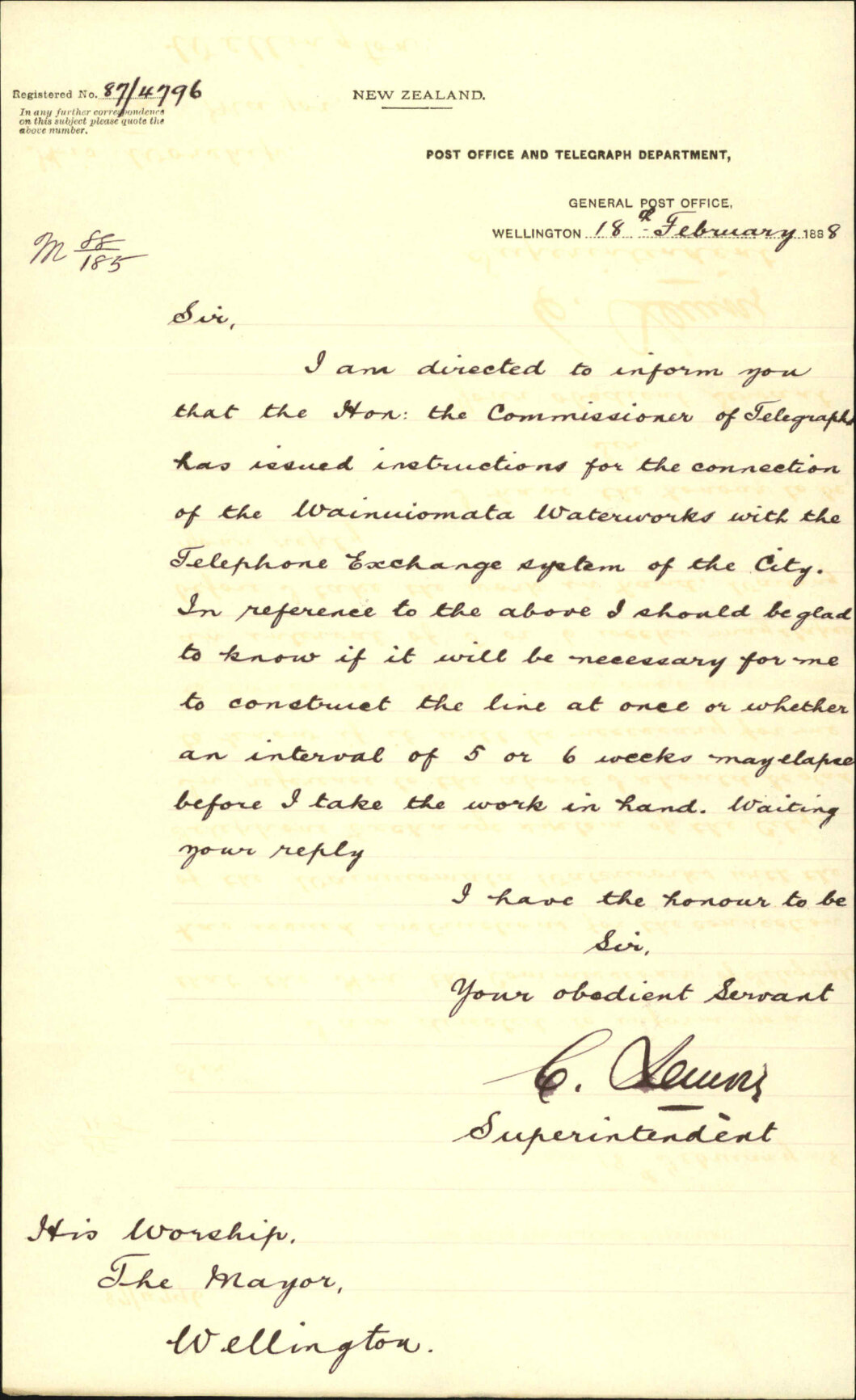 Telephone To Wainui - Post Office and Telegraph Department