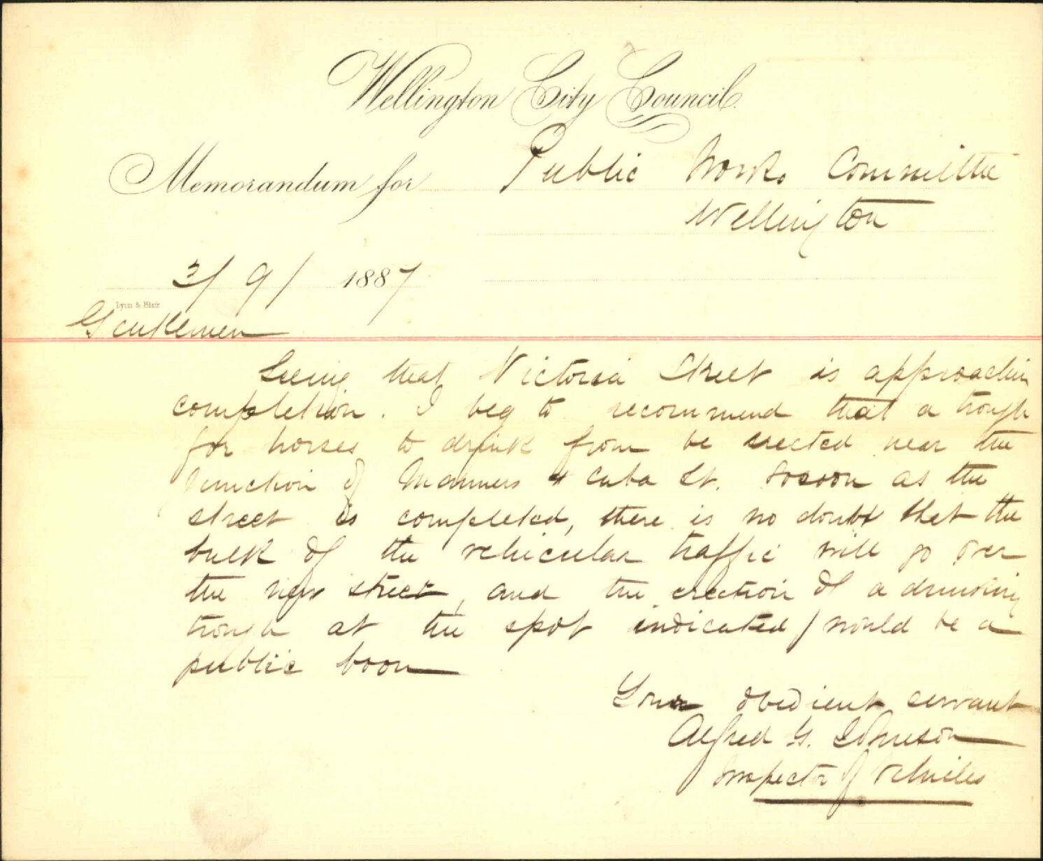 Recommending a drinking trough at Victoria Street - Inspector of Nuisances