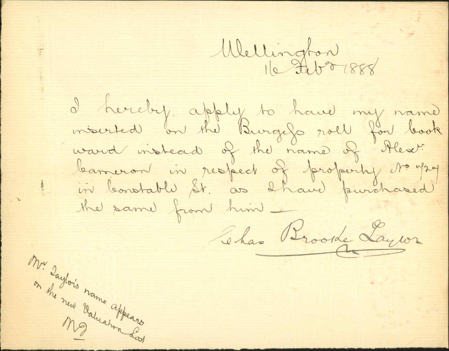 Application to be placed on Burgess Roll - Charles B Taylor