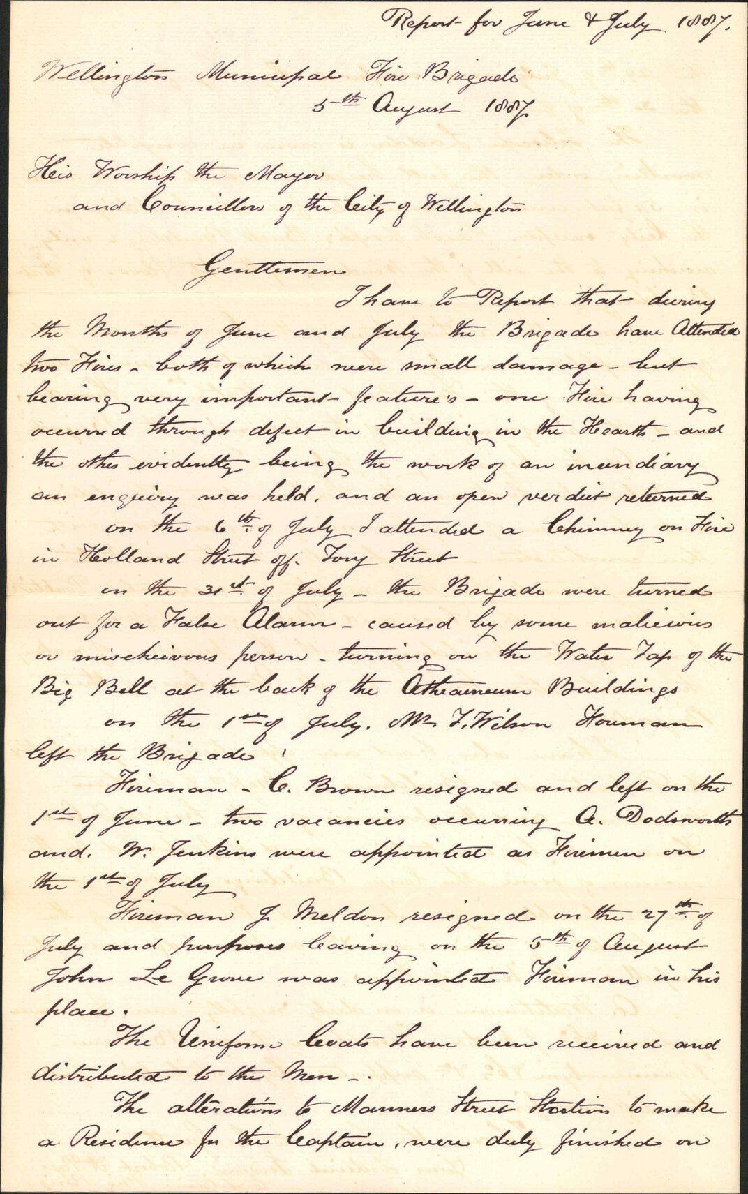 Report for June and July 1887 - Robert A Page (Captain, Fire Brigade)