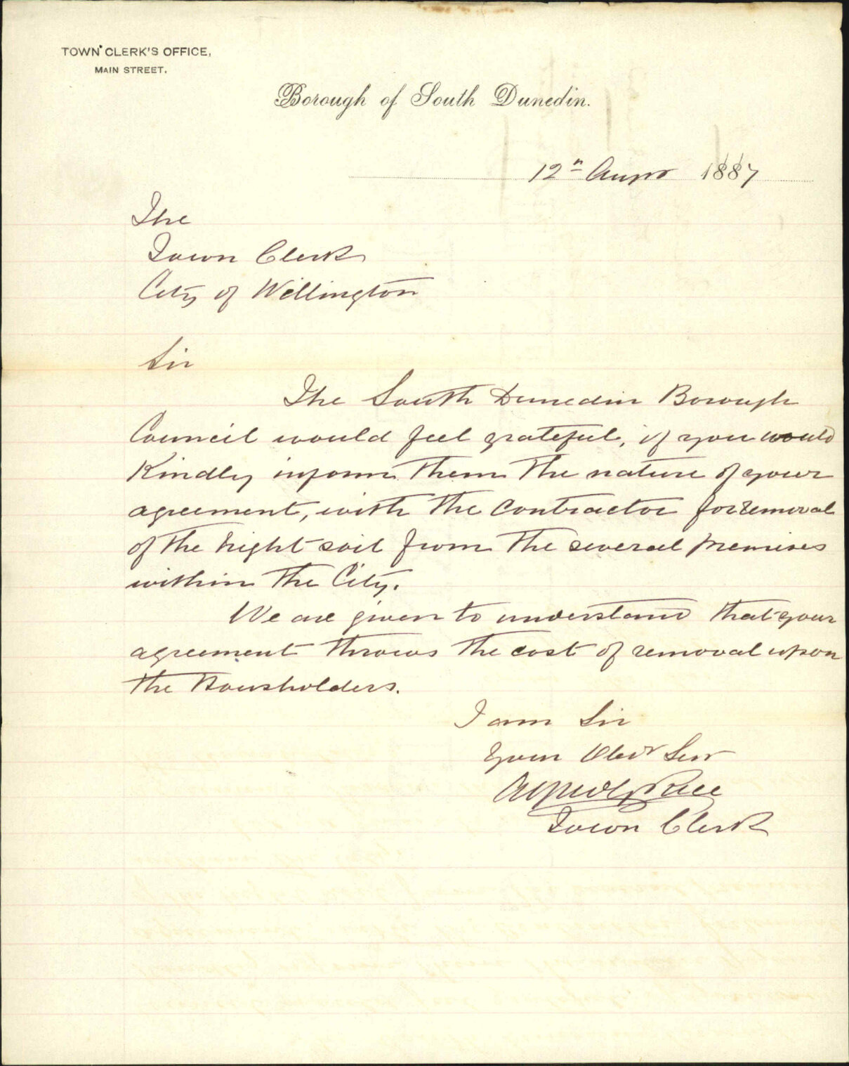 Asking particulars as to night soil contract - Town Clerk, South Dunedin