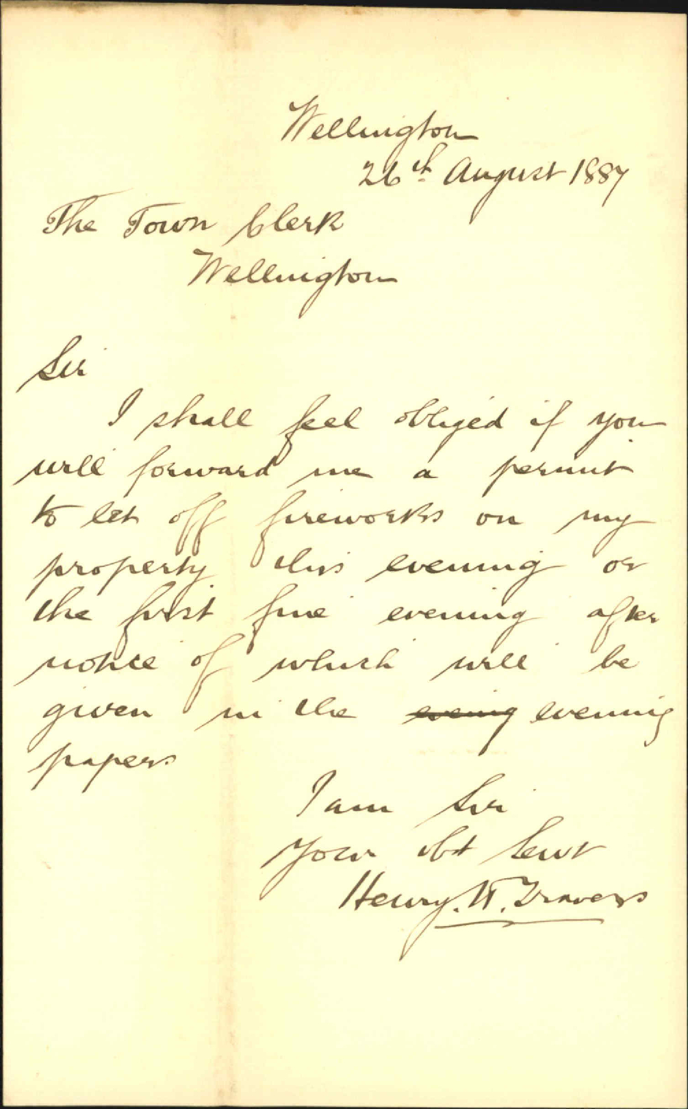 Asking permission to let off fireworks - H H Travers