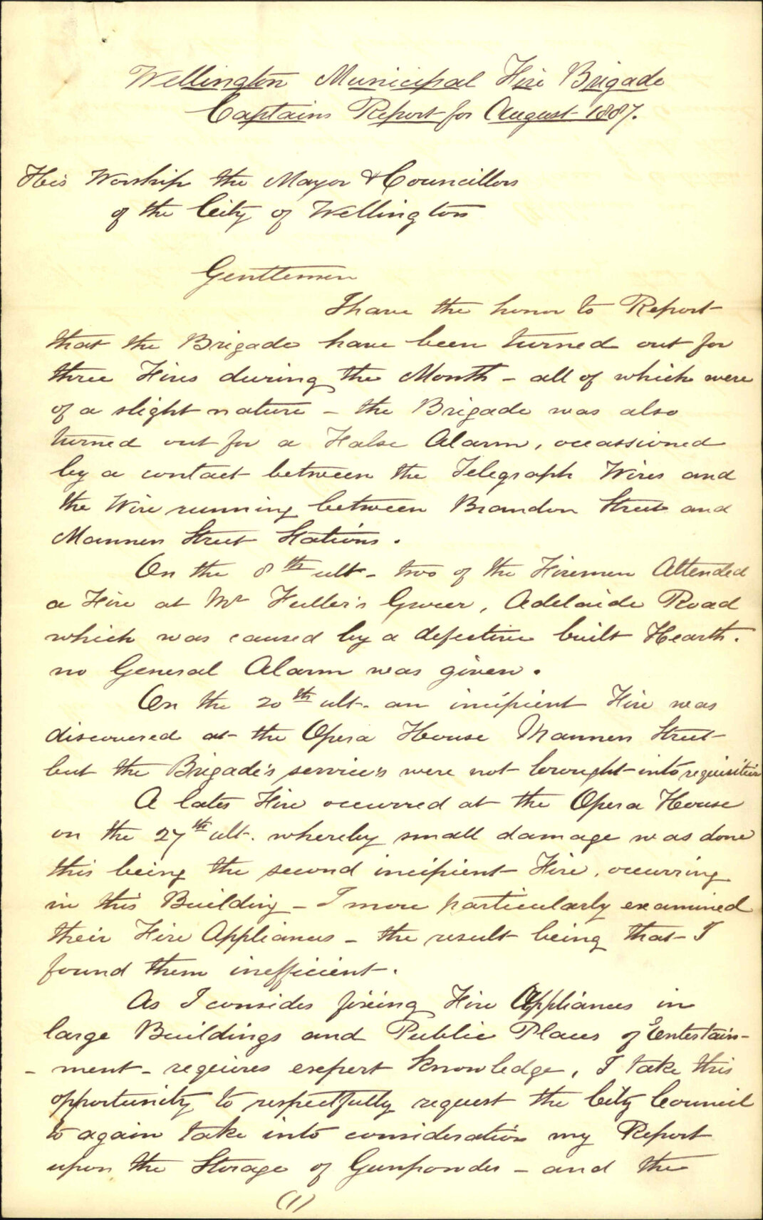 Report for August 1887 - Robert A Page (Captain, Fire Brigade)