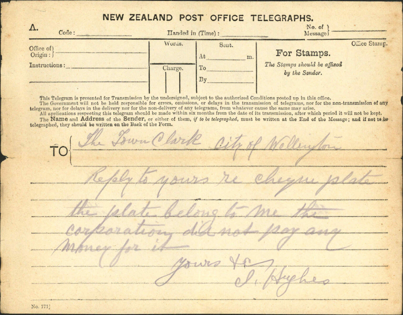 Plate for cheque book - James Hughes, New Plymouth