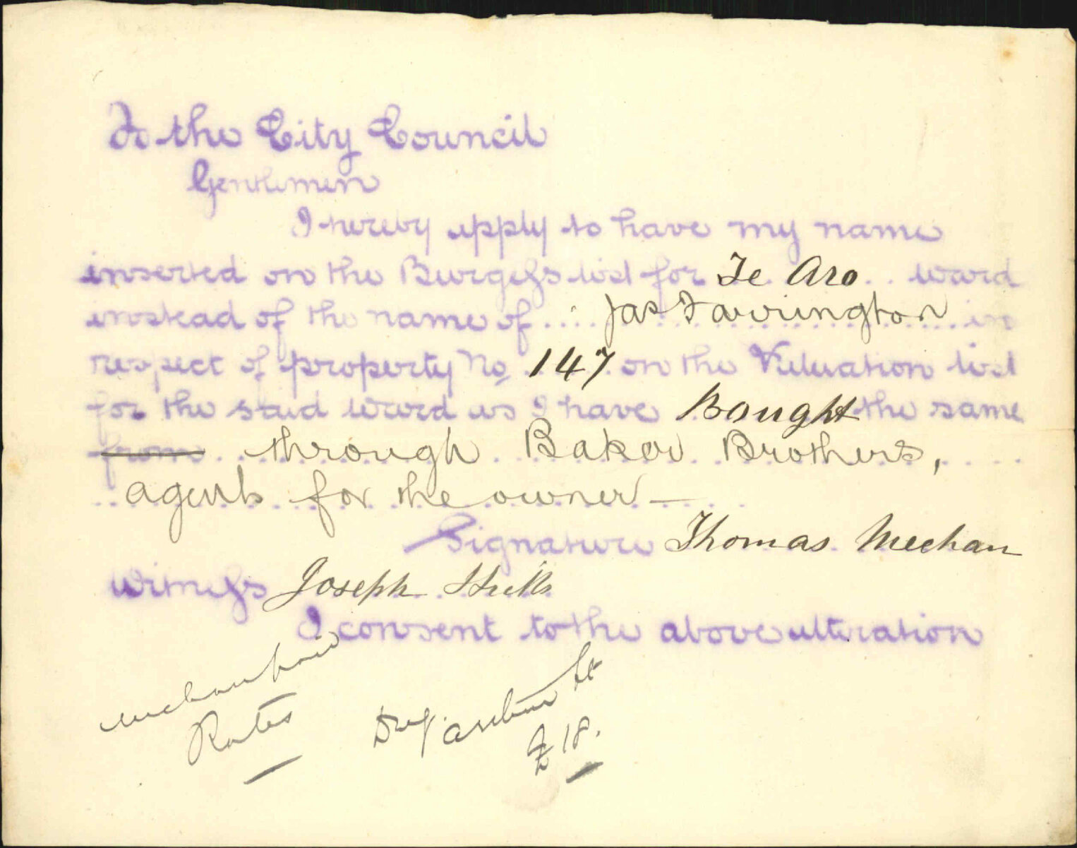 Application to be placed on Burgess Roll - Thomas Meehan