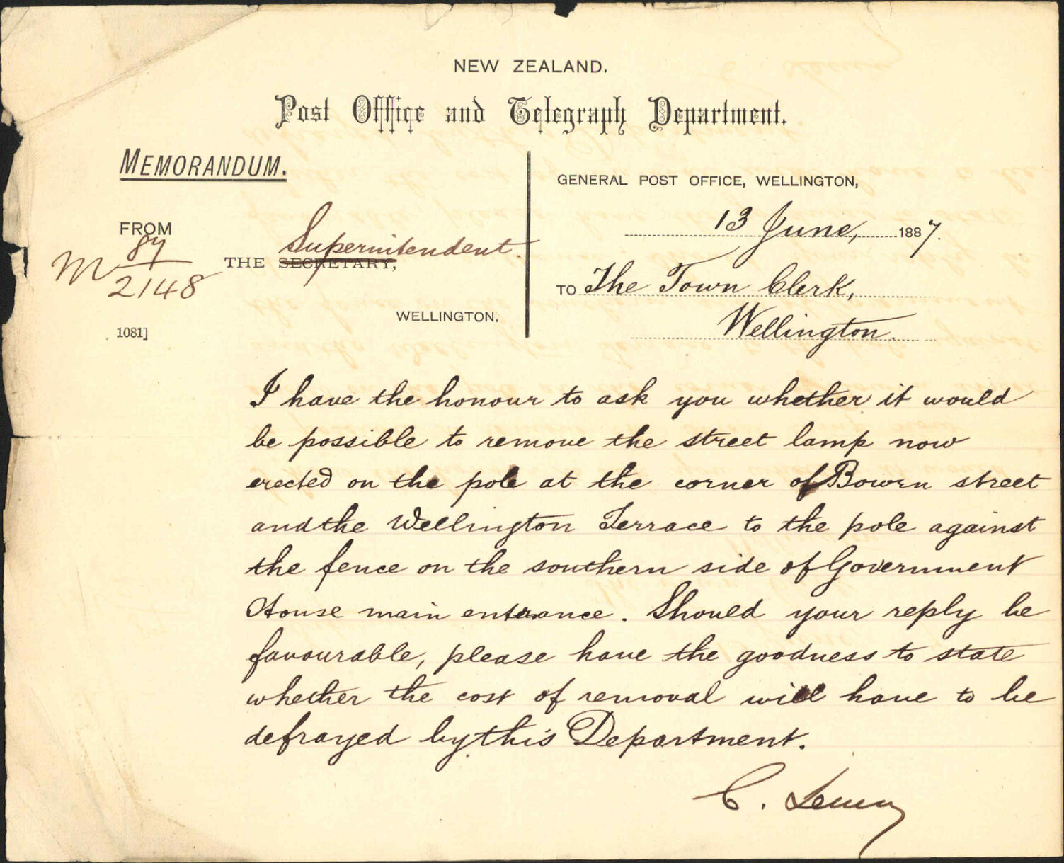Enquiry as to lamp in Bowen Street - Post Office Department