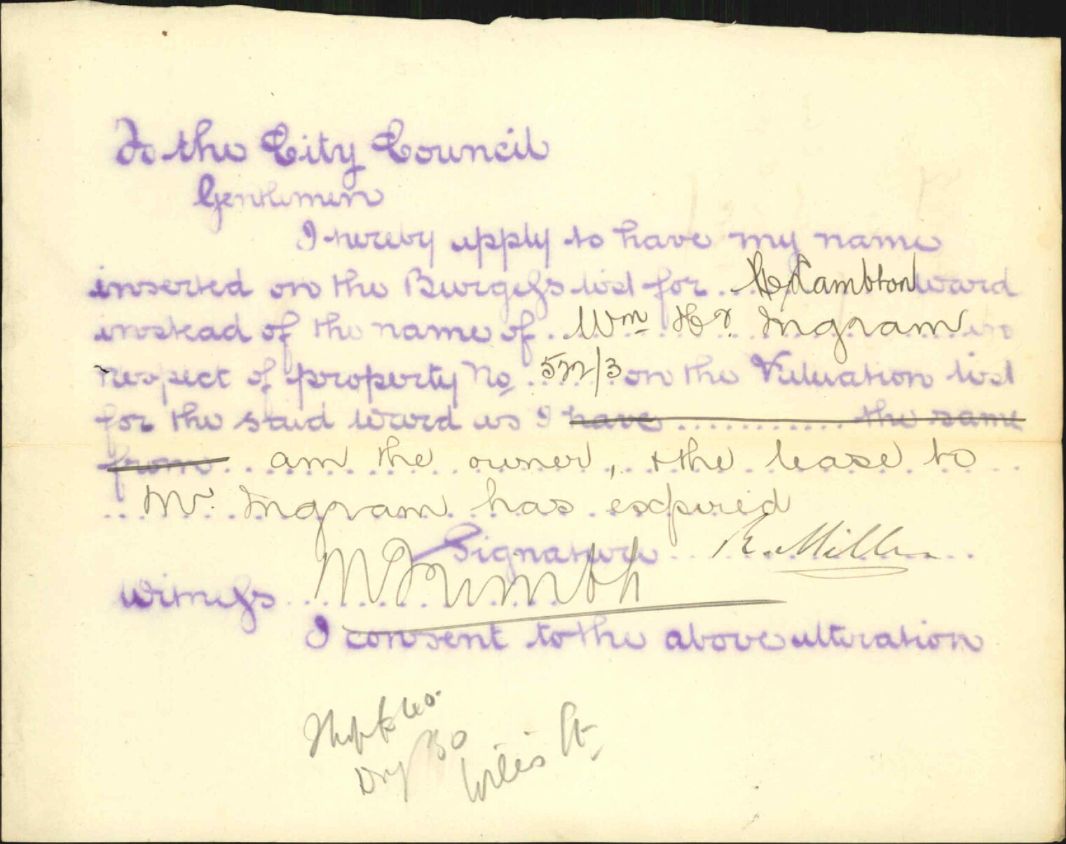Application to be placed on burgess roll - R Miller