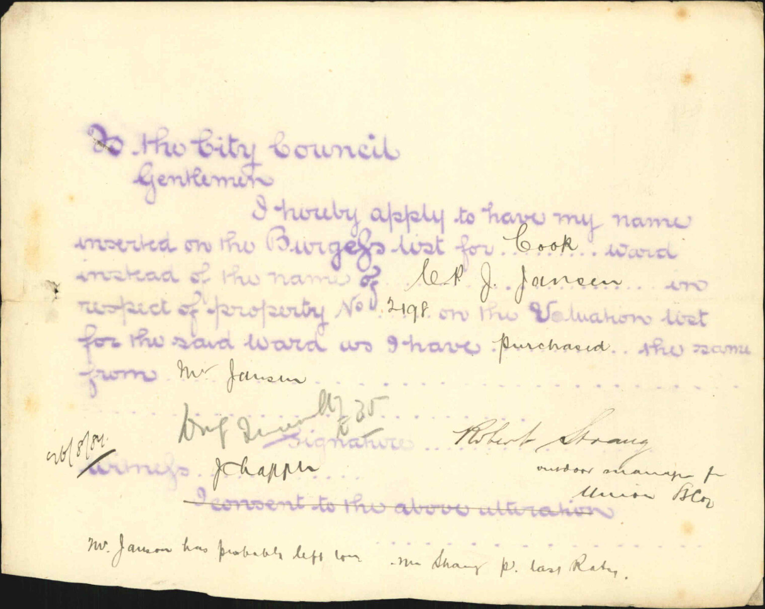 Application to be placed on Burgess Roll - Robert Strang