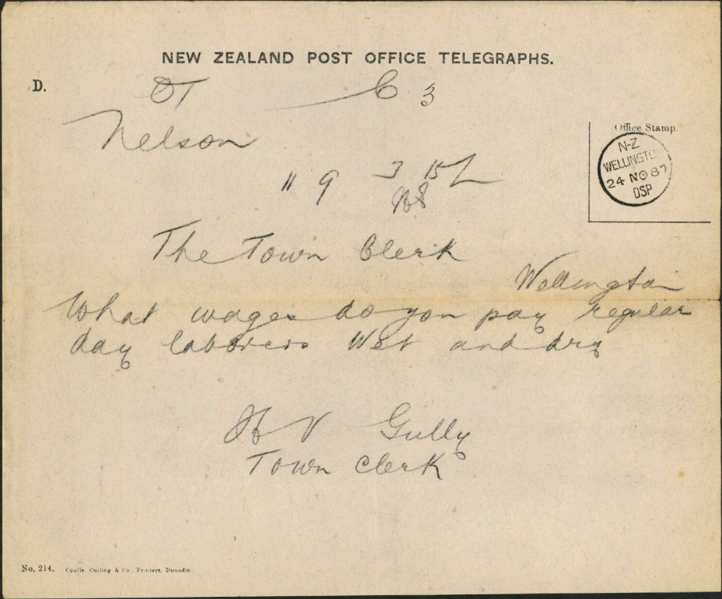 Enquiry as to rate of wages - Town Clerk, Nelson