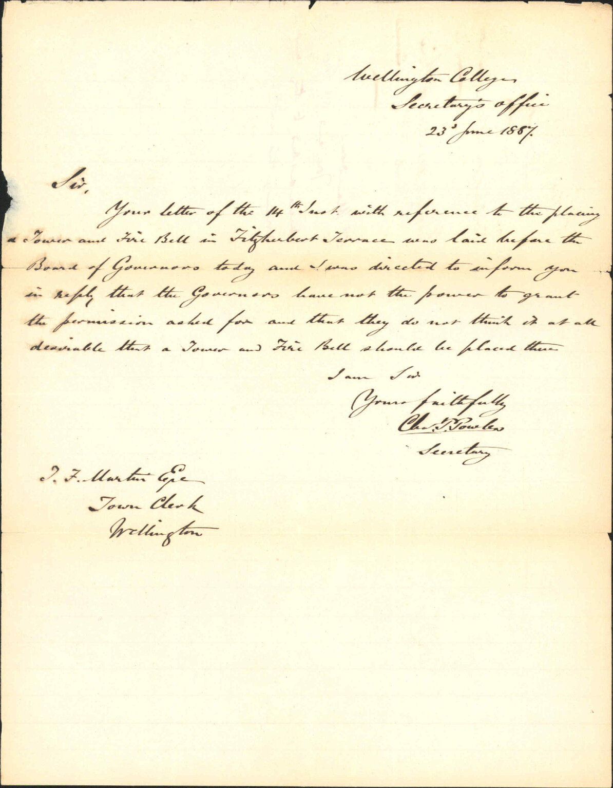 Proposed erection of fire bell at Fitzherbert Terrace - Charles Powles (Wellington College Governor)