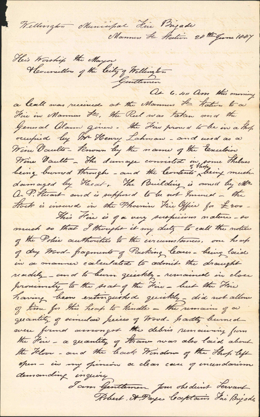 Report regarding fire, Mr Henry Lahman's shop, Manners Street - Robert A Page (Captain, Fire Brigade)