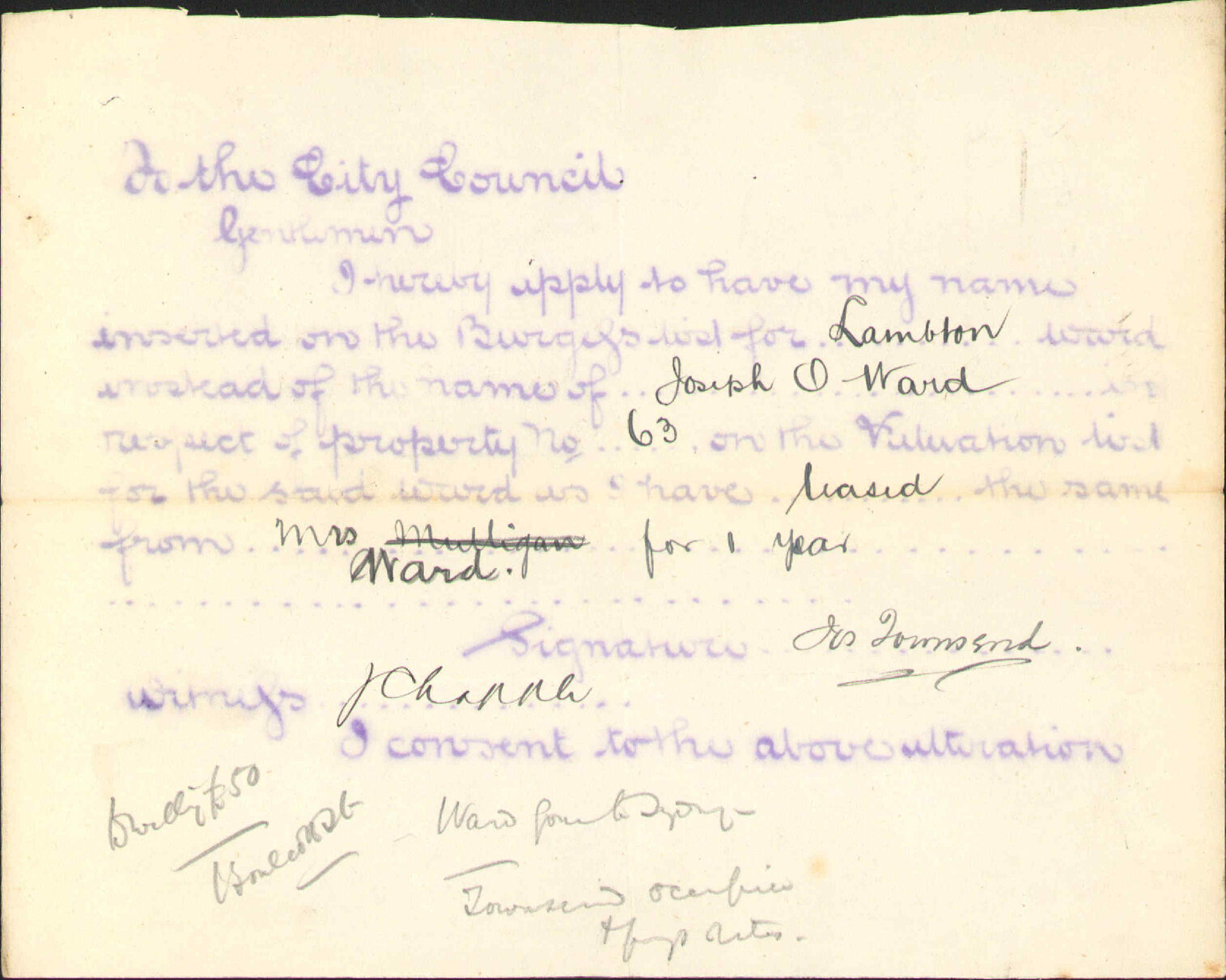 Application to be placed on Burgess Roll - James Townsend