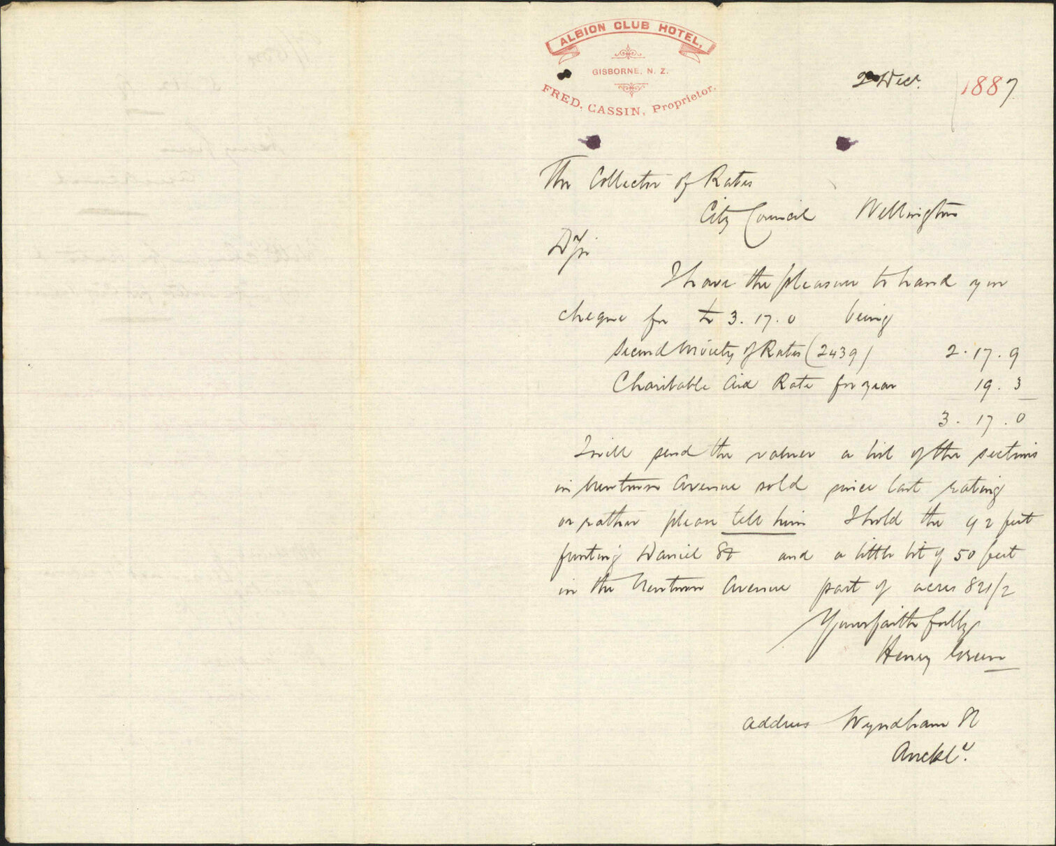 With cheque for rates and information for City Valuer - Henry Green, Auckland