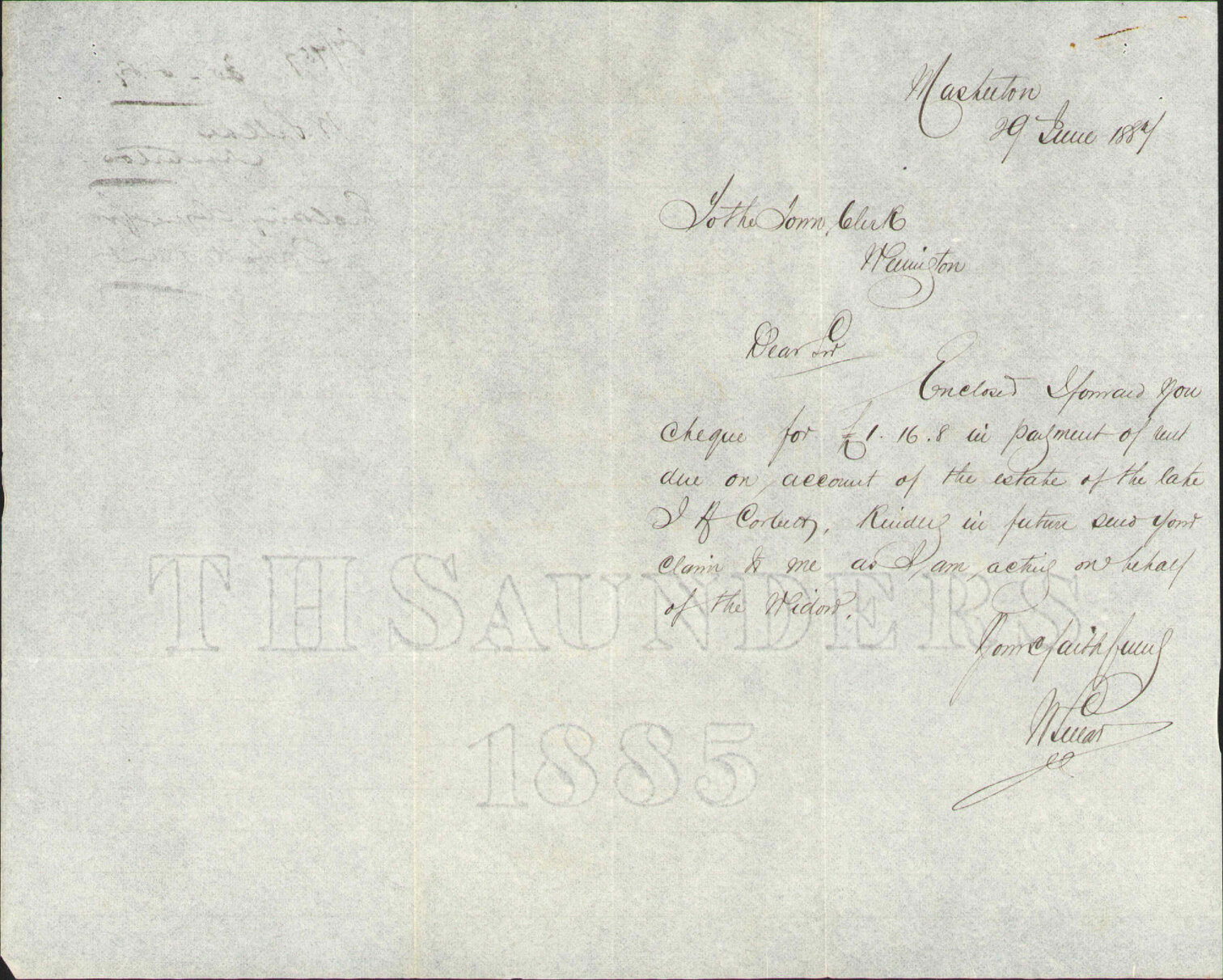 Enclosing cheque for Corbett's rent - W Pellar