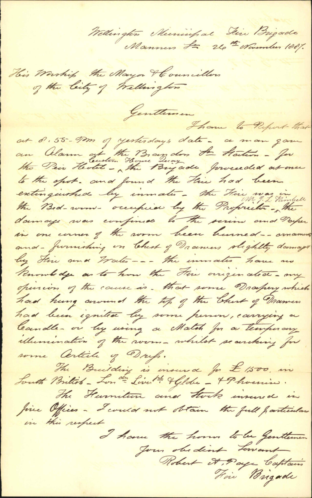 Report regarding fire at Pier Hotel, Customhouse Quay - Robert A Page (Captain, Fire Brigade)