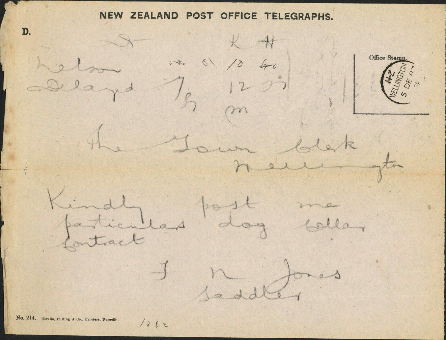 Asking particulars as to contract for dog collar - F N Jones, Nelson
