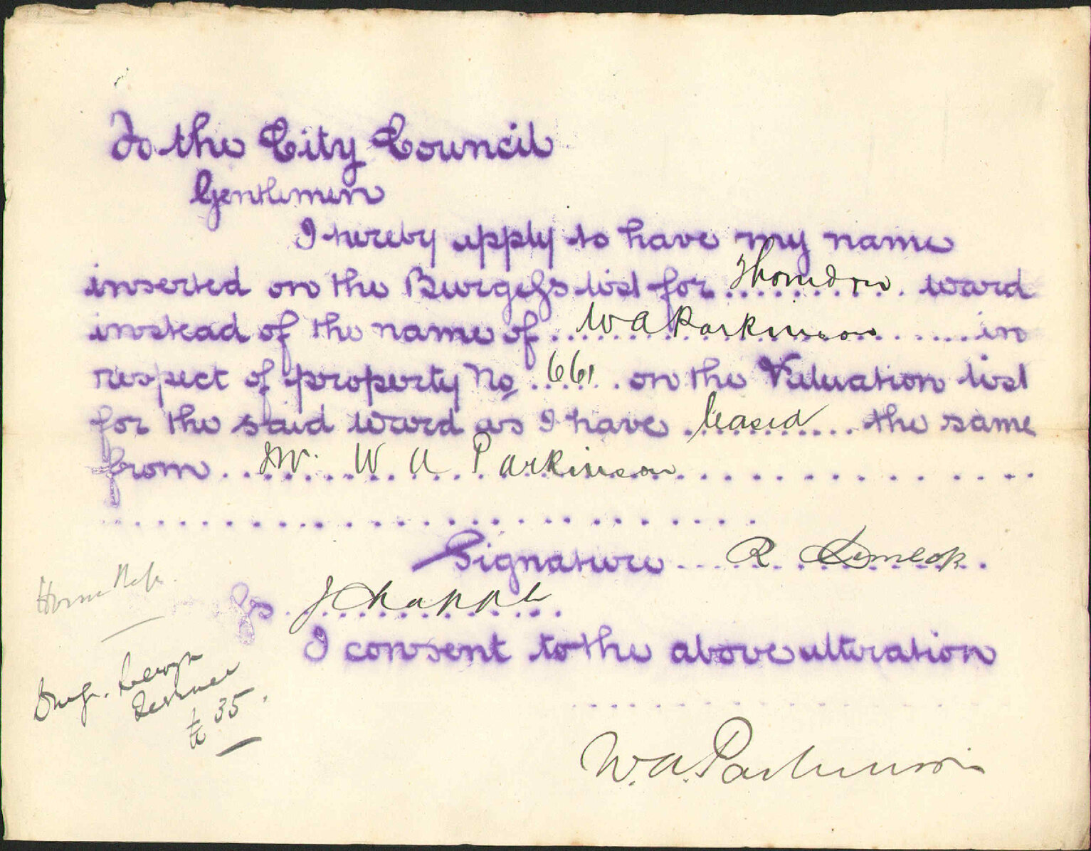 Application to be place on Burgess Roll - R Demlock