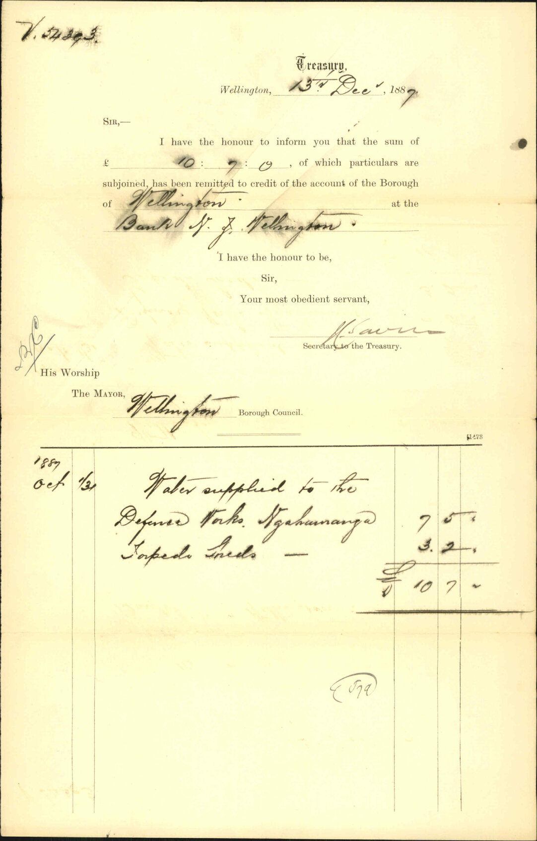 Advising payment of water account - Treasury