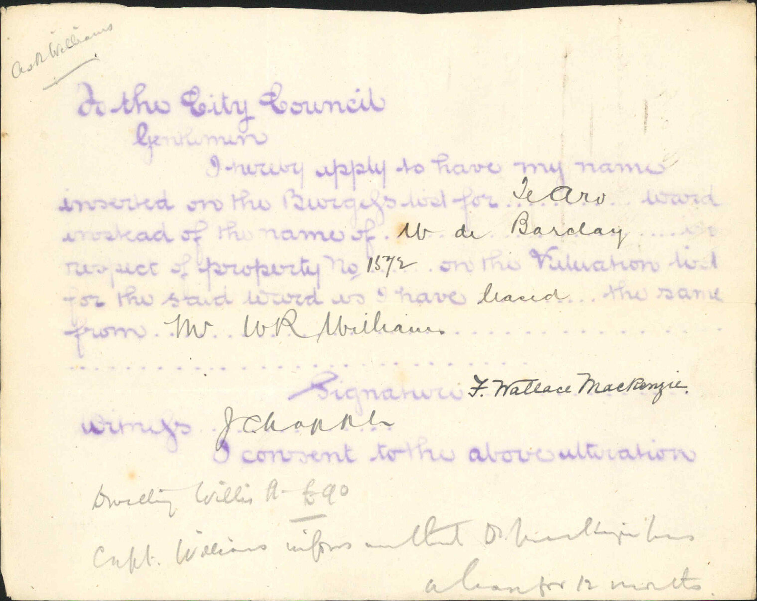 Application to be placed on Burgess Roll - F Wallace McKenzie