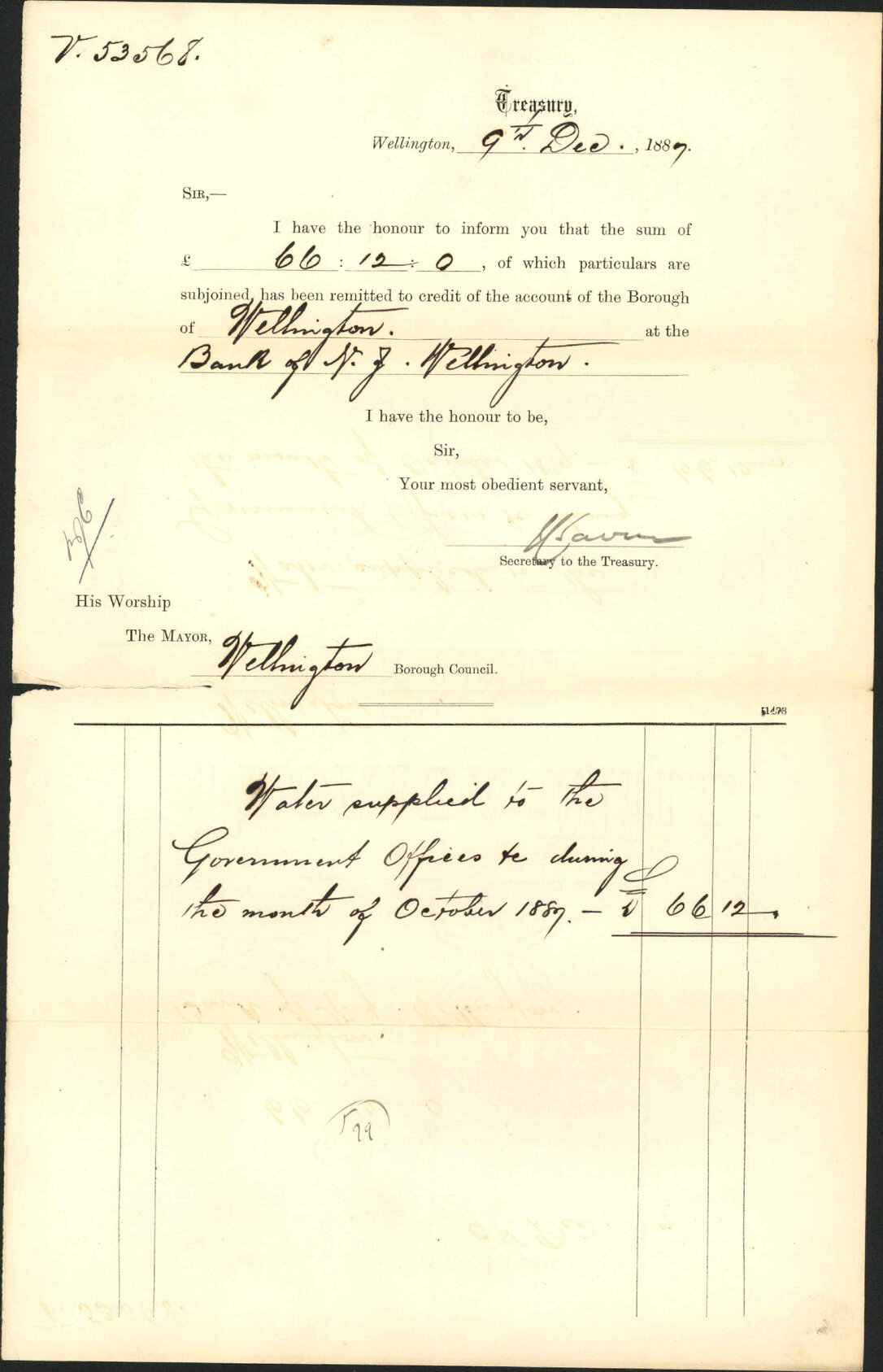 Advising payment of water account - Treasury