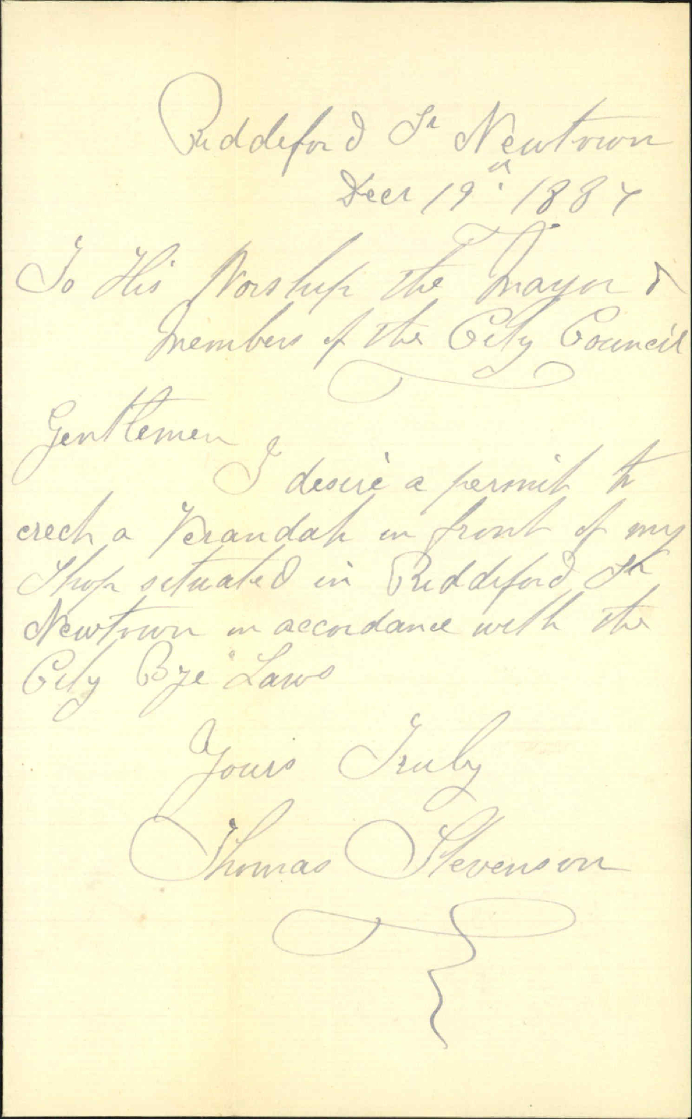 Application for permission to erect veranda - Thomas Stevenson