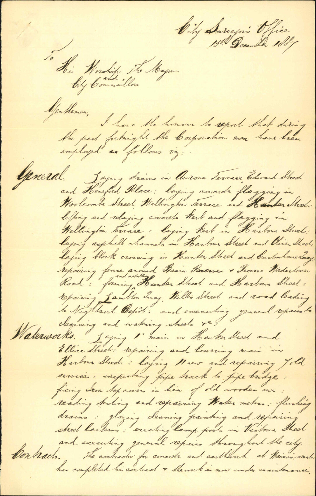 (1) Fortnightly report (2) Victoria Street (3) Harbour Street - City Surveyor