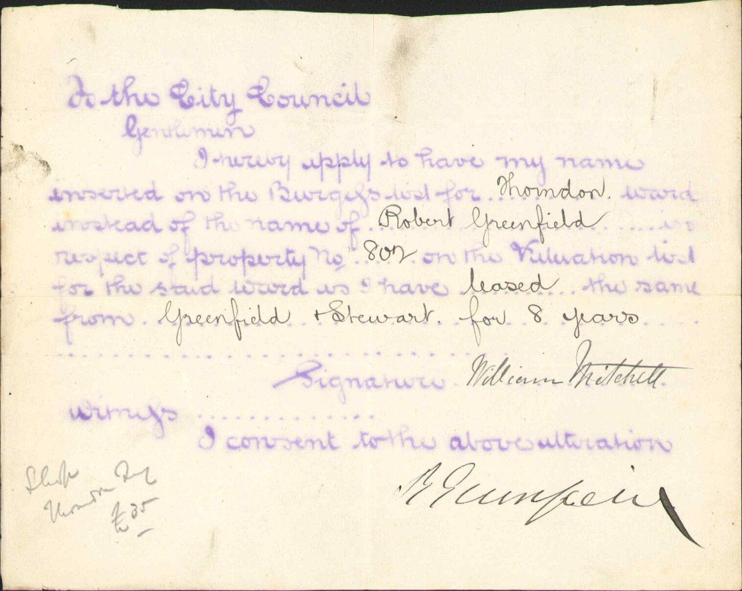 Asking to be placed on Burgess Roll - William Mitchell