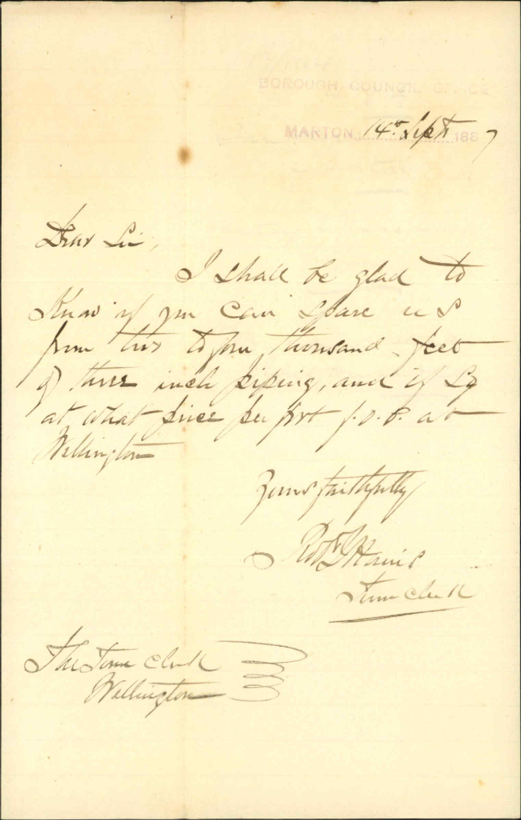 Wanting to purchase piping - Town Clerk Marton