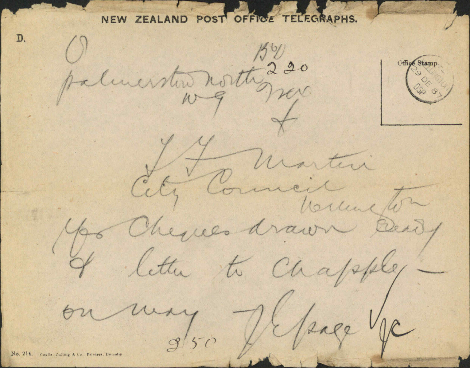 Cheque for wages - J E Page