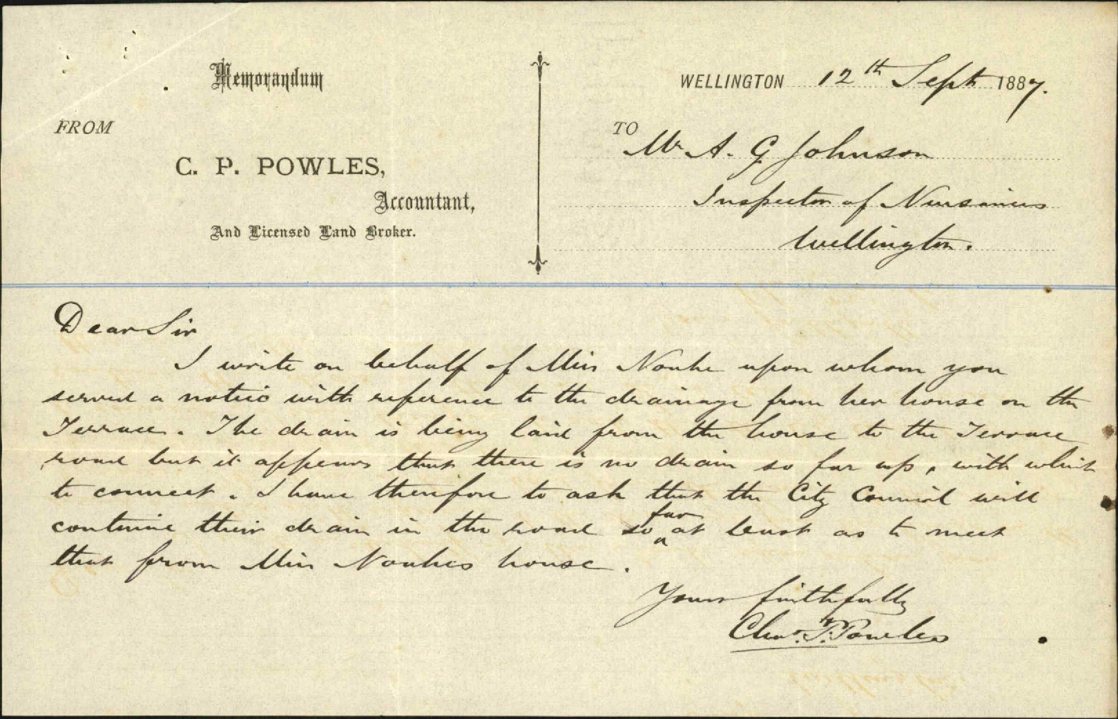 Drainage at Mrs Noakes (Terrace) - Inspector of Nuisances