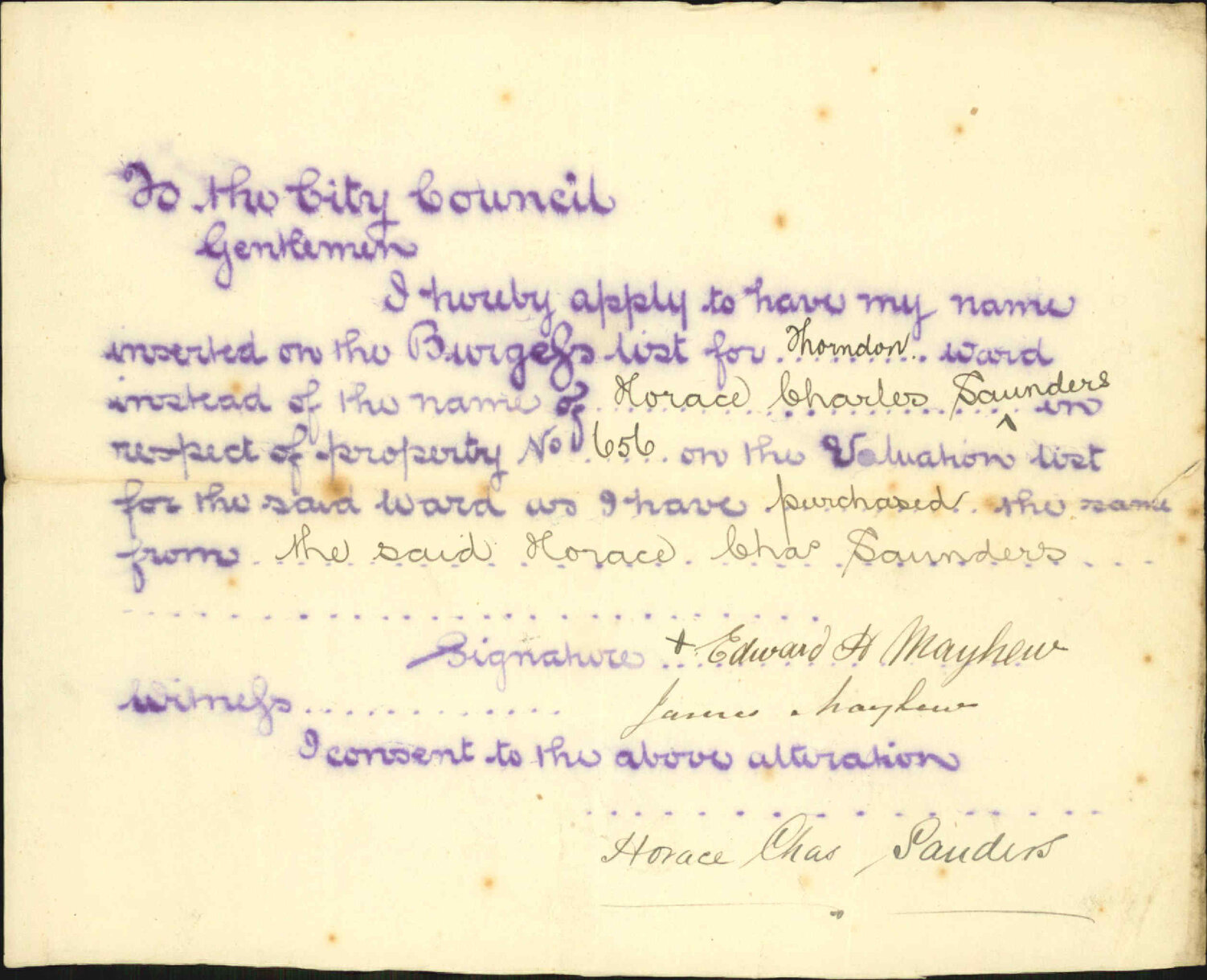 Application to be placed on Burgess Roll - Edward H Mayhew